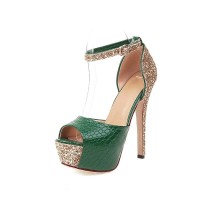 Peep Toe Glitters Stiletto Heels Platforms Ankle Buckle Straps Crocodile Pattern Pumps - Green Faux Leather