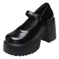 Round Toe Chunky Heels Platforms Mary Janes Pumps - Black Faux Leather