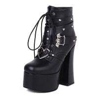 Round Toe Lace Up Zipper Ankle Buckle Bat Straps Chunky Heels Platforms Gothic Punk Boots - Black
