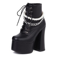 Round Toe Pearl Beads with Chain Decorated Chunky Heels Platforms Gothic Punk Boots - Black
