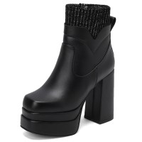 Square Toe Chunky Heels Side Zipper Socks Ankle Highs Platforms Boots - Black