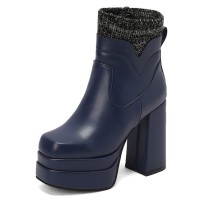 Square Toe Chunky Heels Side Zipper Socks Ankle Highs Platforms Boots - Blue