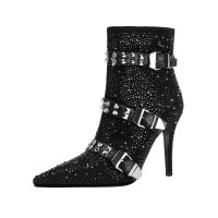 Pointed Toe Stiletto Heels Rhinestones Belt Buckle Ankle Highs Booties - Black