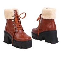 Square Toe Winter Snow Lace Up Chunky Heels Ankle High Platforms Boots - Brown