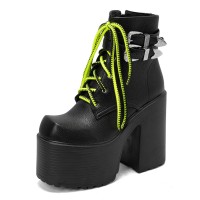 Square Toe Cowboy Buckle Belts Lace Up Chunky Heels Ankle High Platforms Boots - Black