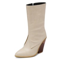 Pointed Toe Chunky Heels Knee Highs Side Zipper Cowboy Wedges Boots - Apricot