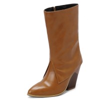 Pointed Toe Chunky Heels Knee Highs Side Zipper Cowboy Wedges Boots - Auburn