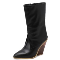Pointed Toe Chunky Heels Knee Highs Side Zipper Cowboy Wedges Boots - Black