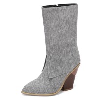 Pointed Toe Chunky Heels Knee Highs Side Zipper Cowboy Snake Print Wedges Boots - Gray