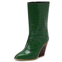 Pointed Toe Chunky Heels Knee Highs Side Zipper Cowboy Crocodile Print Wedges Boots - Green