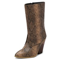 Pointed Toe Chunky Heels Knee Highs Side Zipper Cowboy Snake Print Wedges Boots - Tan