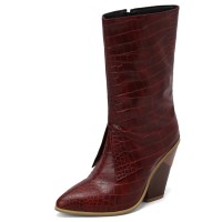 Pointed Toe Chunky Heels Knee Highs Side Zipper Cowboy Crocodile Print Wedges Boots - Wine Red
