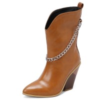 Pointed Toe Chunky Heels Mid Calf Chain Decorated Matte Cowboy Wedges Boots - Auburn