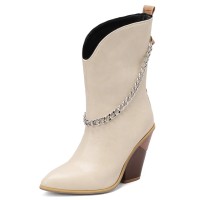 Pointed Toe Chunky Heels Mid Calf Chain Decorated Matte Cowboy Wedges Boots - Beige