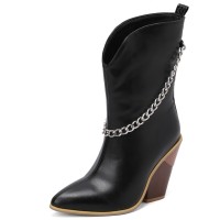 Pointed Toe Chunky Heels Mid Calf Chain Decorated Matte Cowboy Wedges Boots - Black