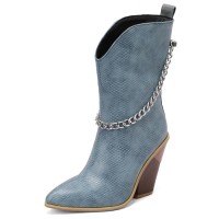 Pointed Toe Chunky Heels Mid Calf Chain Decorated Snake Print Cowboy Wedges Boots - Blue