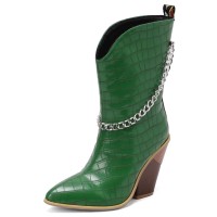 Pointed Toe Chunky Heels Mid Calf Chain Decorated Crocodile Print Cowboy Wedges Boots - Green