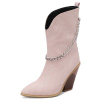 Pointed Toe Chunky Heels Mid Calf Chain Decorated Matte Cowboy Wedges Boots - Pink