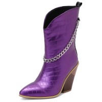 Pointed Toe Chunky Heels Mid Calf Chain Decorated Crocodile Print Cowboy Wedges Boots - Purple