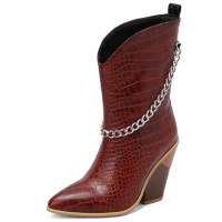 Pointed Toe Chunky Heels Mid Calf Chain Decorated Crocodile Print Cowboy Wedges Boots - Wine Red