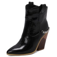 Pointed Toe Chunky Heels Chain Decorated Crocodile Print Ankle Highs Wedges Cowboy Boots - Black
