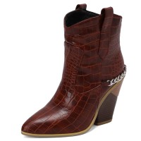 Pointed Toe Chunky Heels Chain Decorated Crocodile Print Ankle Highs Wedges Cowboy Boots - Wine Red