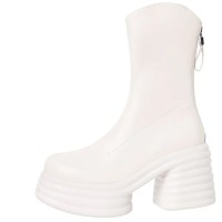 Round Toe Chunky Heels Back Zipper Ankle High Marshmallow Winter Boots - Beige