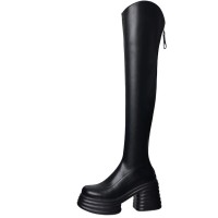 Round Toe Chunky Heels Back Zipper Over The Knees Marshmallow Winter Boots - Black