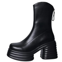 Round Toe Chunky Heels Back Zipper Ankle High Marshmallow Winter Boots - Black