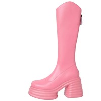 Round Toe Chunky Heels Back Zipper Knee High Marshmallow Winter Boots - Pink