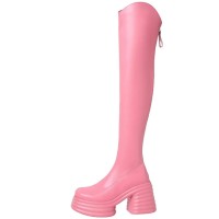 Round Toe Chunky Heels Back Zipper Over The Knees Marshmallow Winter Boots - Pink