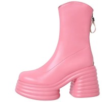 Round Toe Chunky Heels Back Zipper Ankle High Marshmallow Winter Boots - Pink