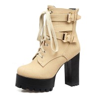 Round Toe Buckle Straps Autumn Winter Lace Up Zipper Chunky Heels Ankle High Platforms Boots - Beige