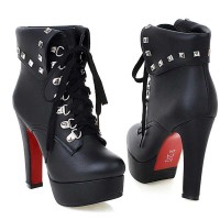 Round Toe Buckle Straps Rivets Lace Up Cuban Heels Ankle High Platforms Biker Punk Boots - Black