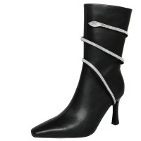 Pointed Toe Stiletto Heels Snake Shaped Rhinestones Side Zipper Ankle High Boots - Black