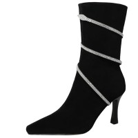 Pointed Toe Stiletto Heels Snake Shaped Rhinestones Side Zipper Ankle High Boots - Black