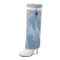Round Toe Stiletto Heels Printed Denim Metal Lock Decoration Knee Highs Boots - White Faux Leather Denim