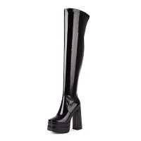 Square Toe Chunky Heels Thigh High Over The Knees Double Platforms Boots - Black Patent