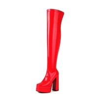 Square Toe Chunky Heels Thigh High Over The Knees Double Platforms Boots - Red Patent