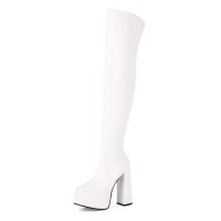 Square Toe Chunky Heels Thigh High Over The Knees Double Platforms Boots - White Patent
