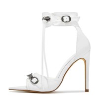 Pointed Open Toe Stiletto Heels Vintage Gothic Ankle Buckle Straps Sandals - White Faux Leather