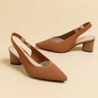 Pointed Toe Chunky Heels Cotton Fabric Summer Slingback Sandals - Auburn
