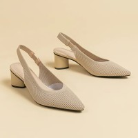 Pointed Toe Chunky Heels Cotton Fabric Summer Slingback Sandals - Beige