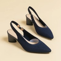 Pointed Toe Chunky Heels Cotton Fabric Summer Slingback Sandals - Blue