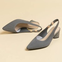 Pointed Toe Chunky Heels Cotton Fabric Summer Slingback Sandals - Gray