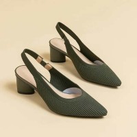 Pointed Toe Chunky Heels Cotton Fabric Summer Slingback Sandals - Green