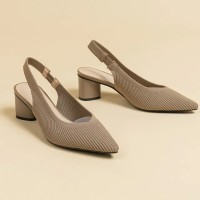 Pointed Toe Chunky Heels Cotton Fabric Summer Slingback Sandals - Dark Khaki