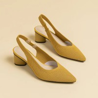 Pointed Toe Chunky Heels Cotton Fabric Summer Slingback Sandals - Yellow