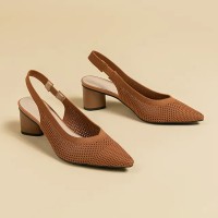 Pointed Toe Chunky Heels Knitted Summer Slingback Sandals - Auburn