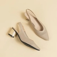 Pointed Toe Chunky Heels Knitted Summer Slingback Sandals - Beige